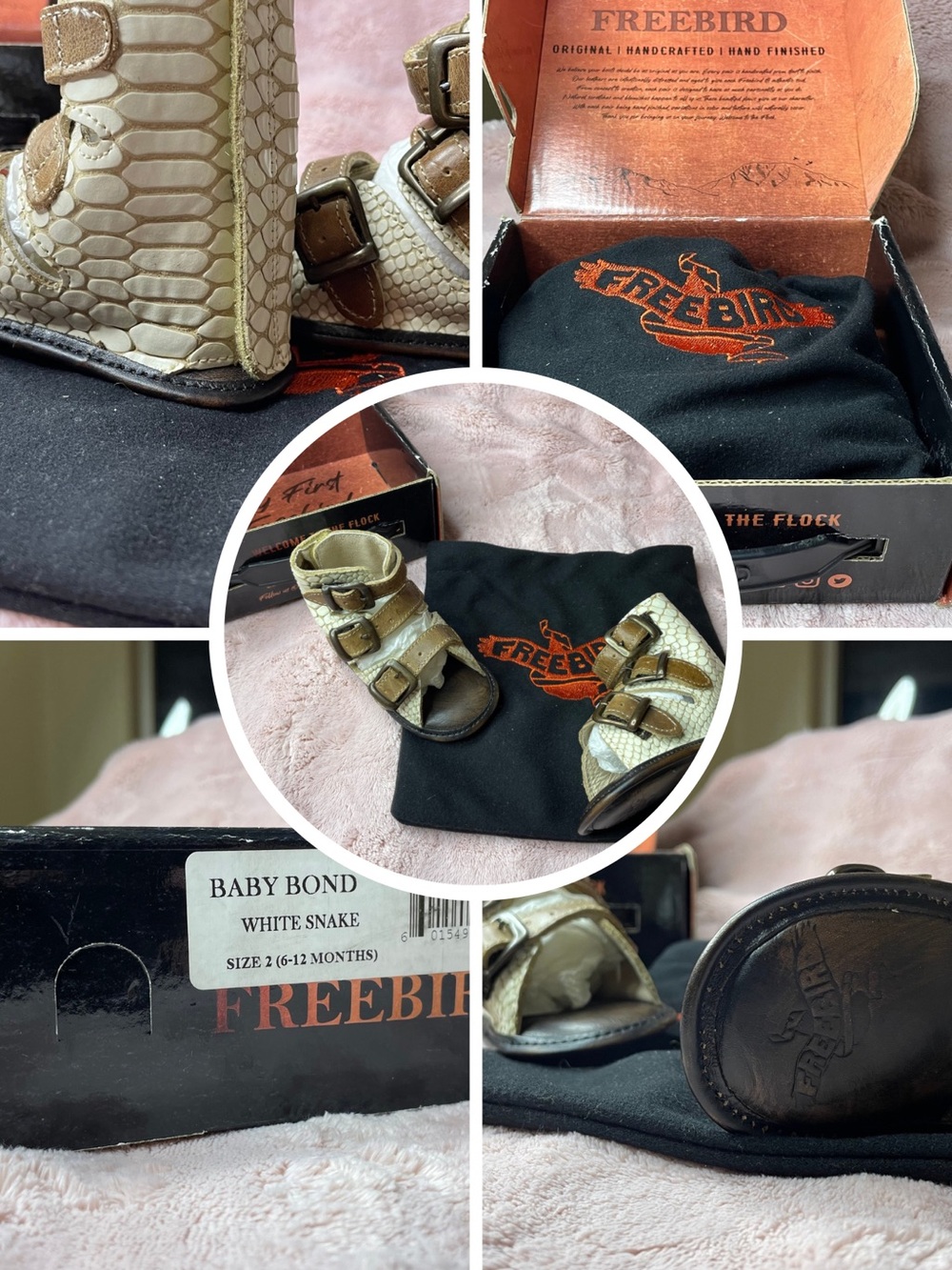 freebird White Snake-Embossed Baby Sandals with Tan Accents